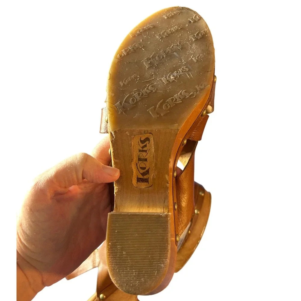 Korks Leather Wood‎ Wedge Clogs Brown Wynne Sz 9